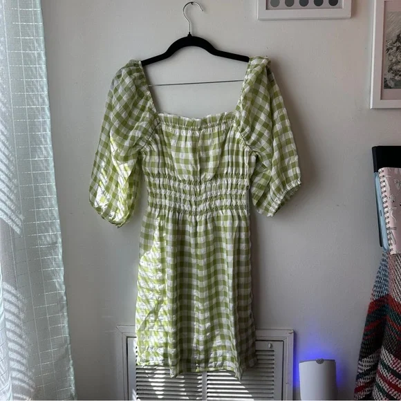 Smocked Gingham Mini Dress in Light Green and White - Picture 2 of 5